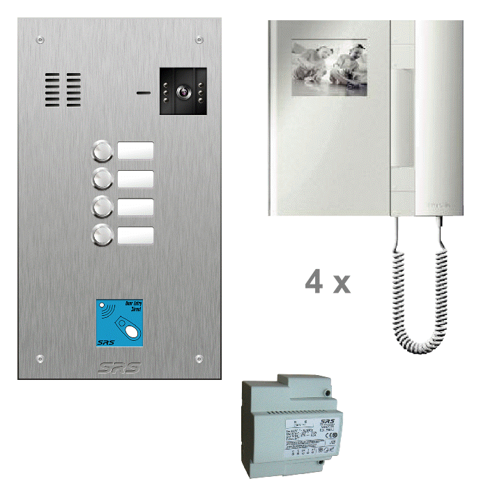 K4804/08 04 way mono video entry kit c/w s. steel VR name window + pr