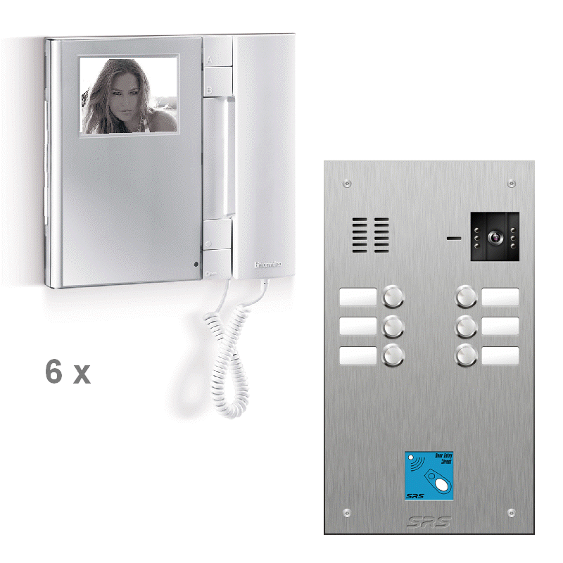 K4806/08 06 way mono video entry kit c/w s. steel VR name window + pr